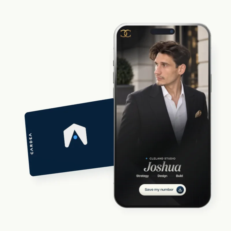 A physical Cardea card beside a phone displaying a Contact Card.