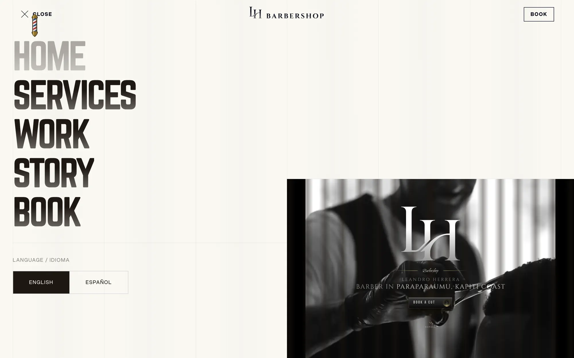 LH Barbershop’s menu with Home, Services, Work, Story and Book, and the English or Español switch
