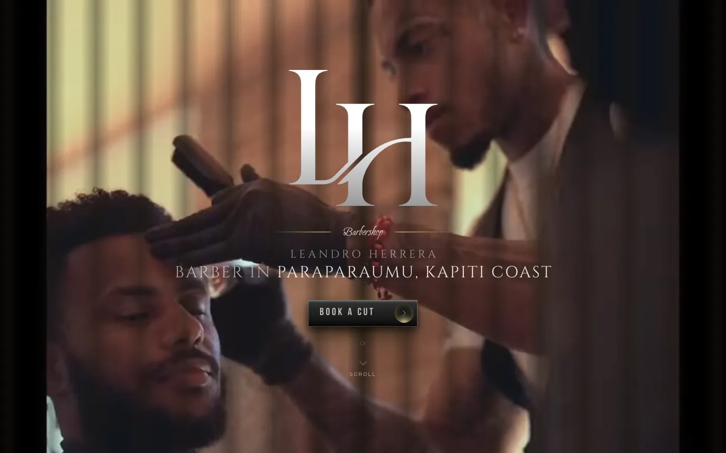 Silent walkthrough of lhbarbershop.nz, recorded on the live site: the overture, then one continuous scroll from Leandro in the chair through recent cuts, the price menu, reviews and booking to the footer