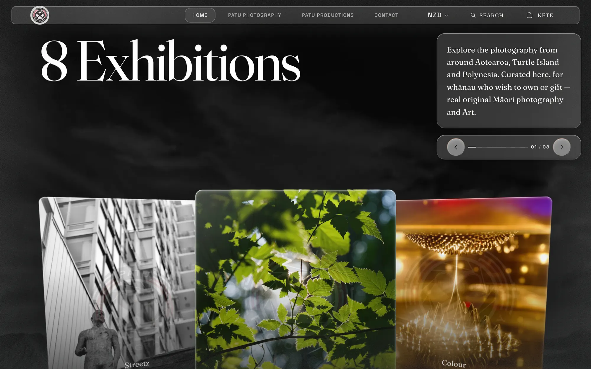 Patu Photography’s home page: the 8 Exhibitions carousel of Isaac Te Reina’s photography