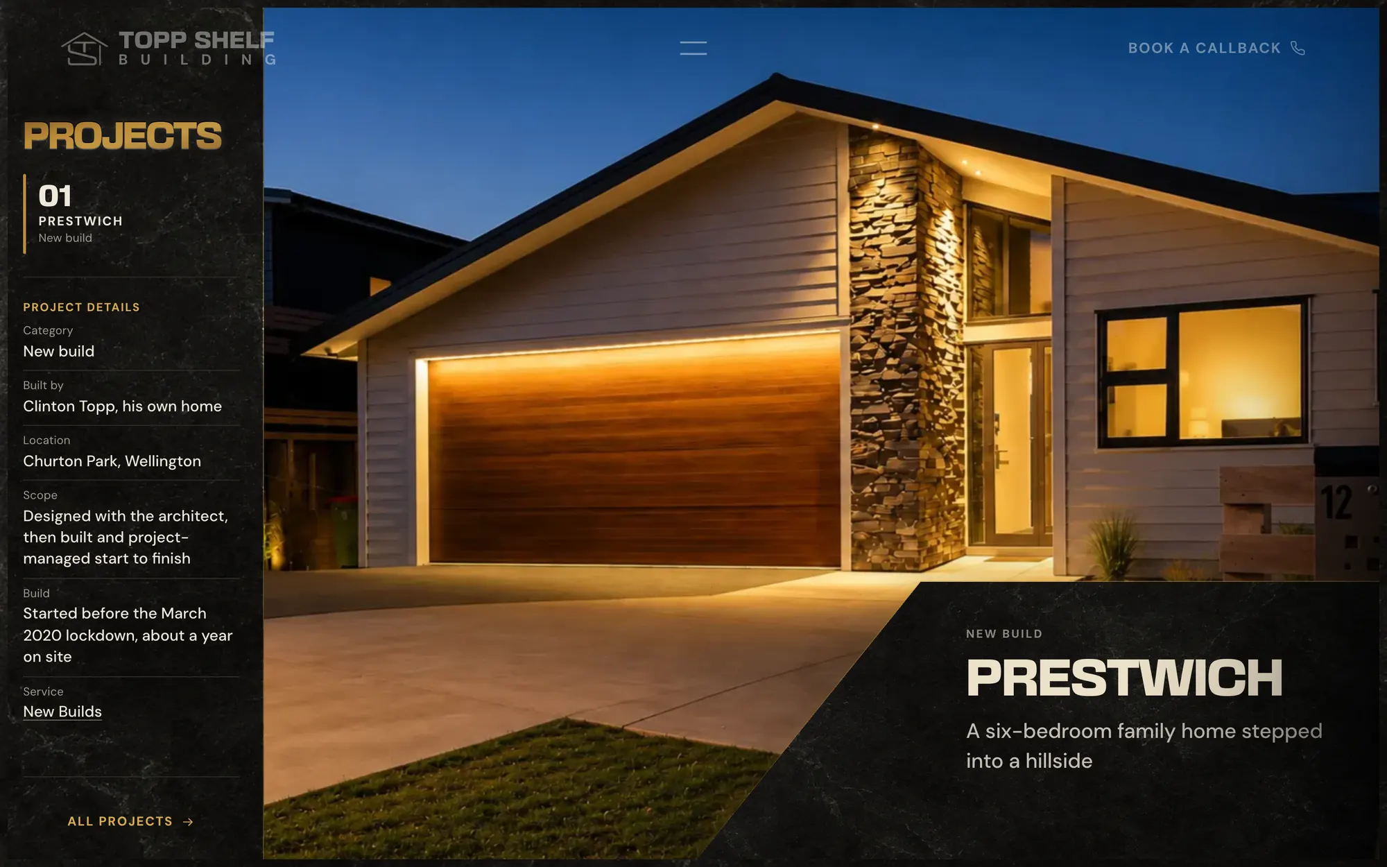 A Topp Shelf Building project page: the Prestwich new build, “a six-bedroom family home stepped into a hillside”