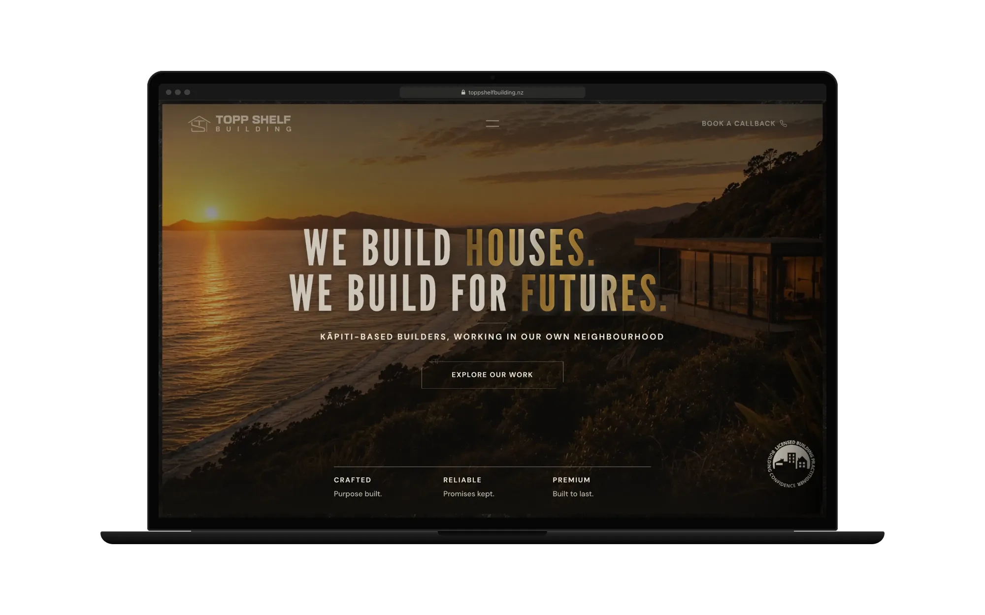 Topp Shelf Building’s home page on a laptop: the rotating headline, “Kāpiti-based builders, working in our own neighbourhood” and Explore our work