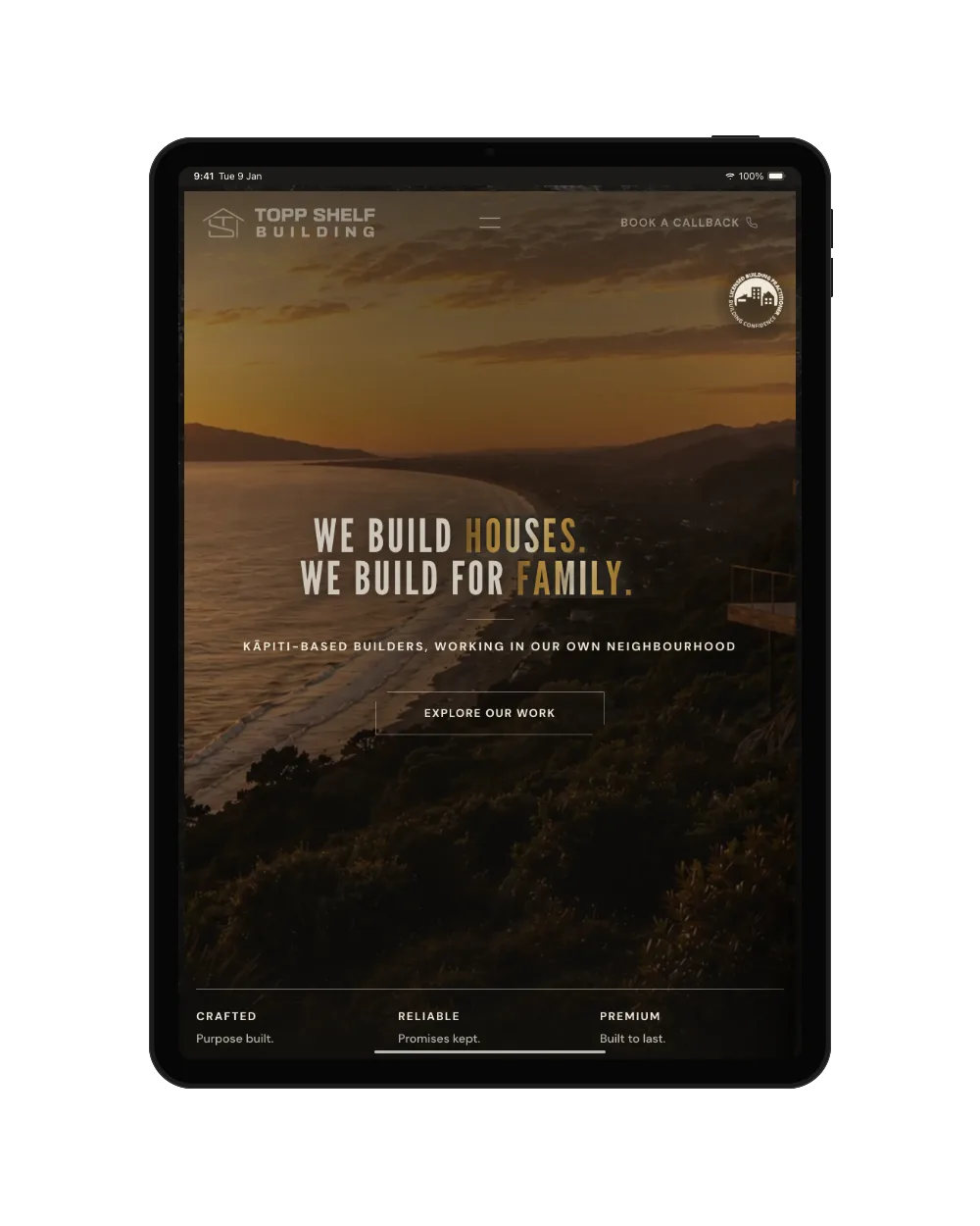 The home page on a tablet: “We build houses. We build for family.”