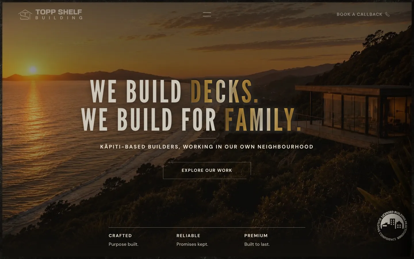 Silent walkthrough of toppshelfbuilding.nz, recorded on the live site: Clinton’s mark builds into the lockup, then one continuous scroll from the hero through the proof, projects, services, regions and process to the footer